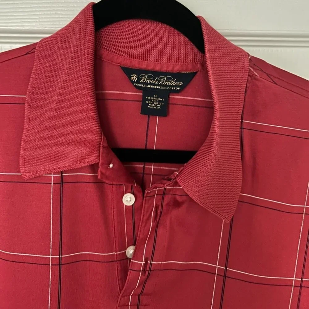 Brooks Brothers Mens Short Sleeve Golf Performance Knit Polo Red Check Size Med